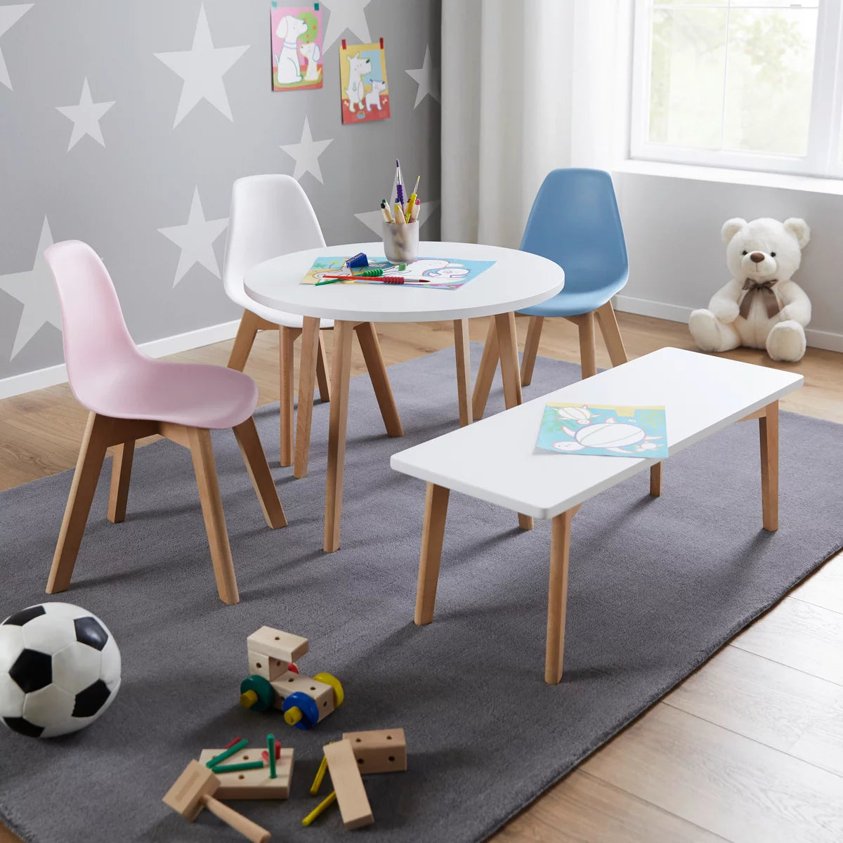 Scaun pentru copii Tibby, plastic alb/lemn natural